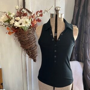 Evereve black racerback tank with collar, size small